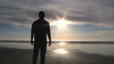 Back silhouette of man standing on beach staring out across sea at setting sun